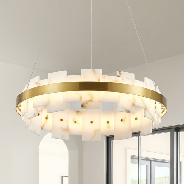 English Elm Modern Natural Alabaster Stone Round Chandelier Warm Ambient Glow for Any Room W2312P544569