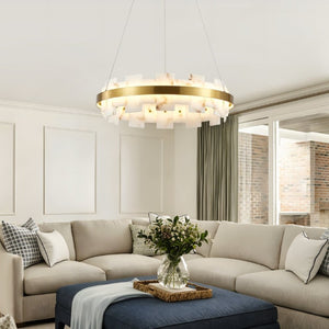 English Elm Modern Natural Alabaster Stone Round Chandelier Warm Ambient Glow for Any Room W2312P544569