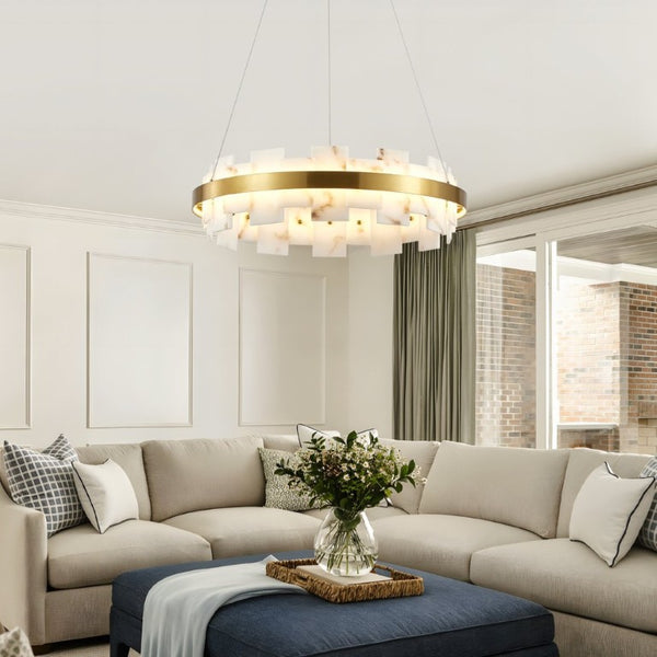 English Elm Modern Natural Alabaster Stone Round Chandelier Warm Ambient Glow for Any Room W2312P544569