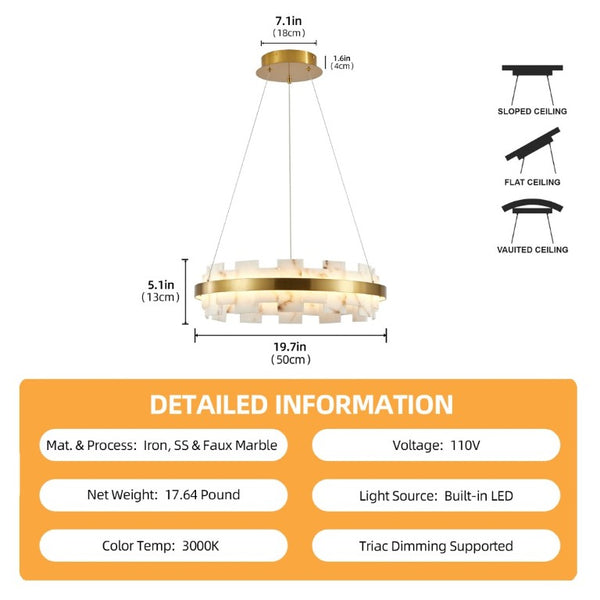 English Elm Modern Natural Alabaster Stone Round Chandelier Warm Ambient Glow for Any Room W2312P544569