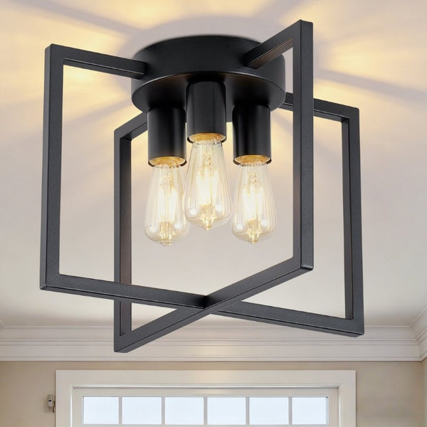 English Elm 3-Light Semi-Flush Chandelier Geometric Cage Shades Industrial Farmhouse Kitchen Foyer Black W2312P545461