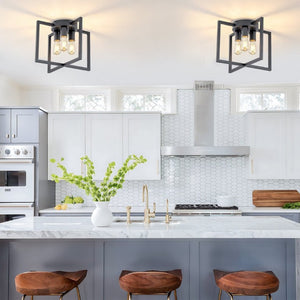 English Elm 3-Light Semi-Flush Chandelier Geometric Cage Shades Industrial Farmhouse Kitchen Foyer Black W2312P545461