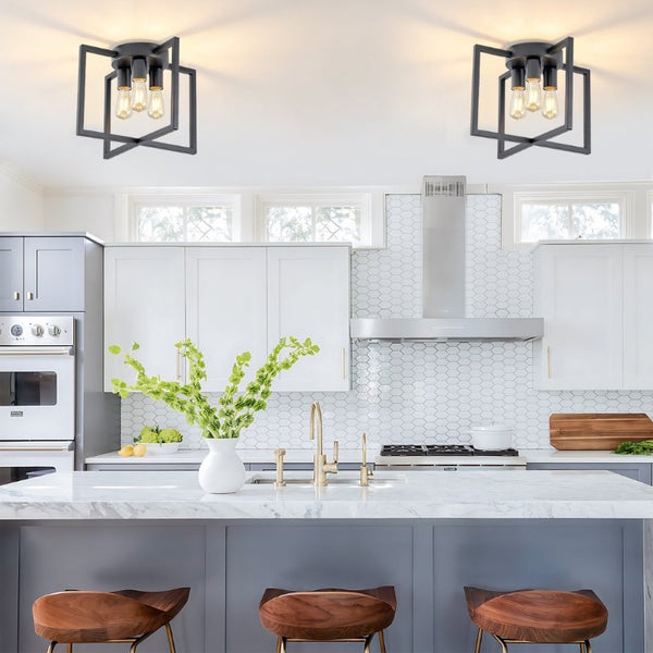 English Elm 3-Light Semi-Flush Chandelier Geometric Cage Shades Industrial Farmhouse Kitchen Foyer Black W2312P545461