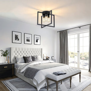 English Elm 3-Light Semi-Flush Chandelier Geometric Cage Shades Industrial Farmhouse Kitchen Foyer Black W2312P545461
