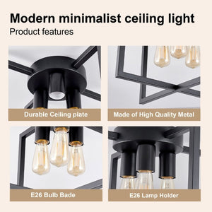 English Elm 3-Light Semi-Flush Chandelier Geometric Cage Shades Industrial Farmhouse Kitchen Foyer Black W2312P545461