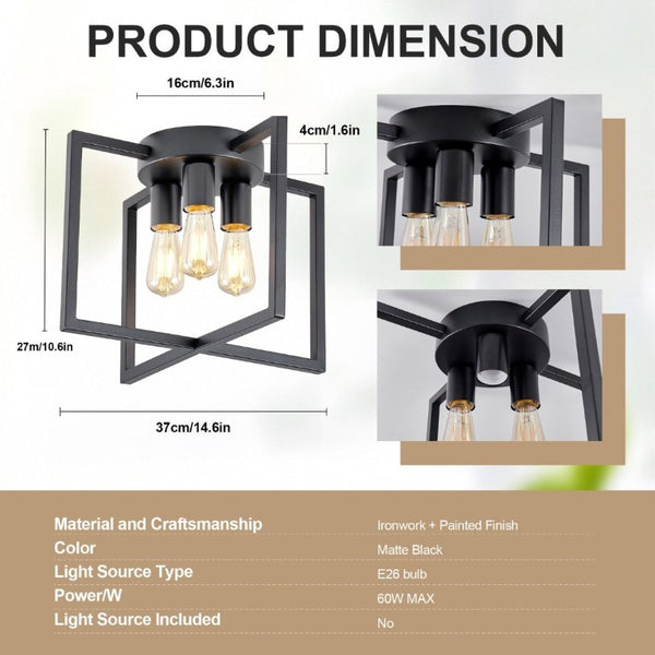 English Elm 3-Light Semi-Flush Chandelier Geometric Cage Shades Industrial Farmhouse Kitchen Foyer Black W2312P545461