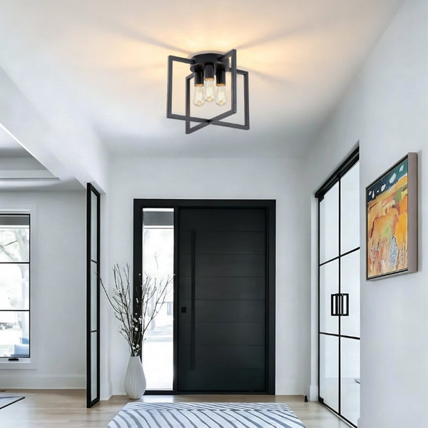 English Elm 3-Light Semi-Flush Chandelier Geometric Cage Shades Industrial Farmhouse Kitchen Foyer Black W2312P545461