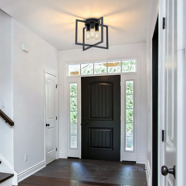 English Elm 3-Light Semi-Flush Chandelier Geometric Cage Shades Industrial Farmhouse Kitchen Foyer Black W2312P545461