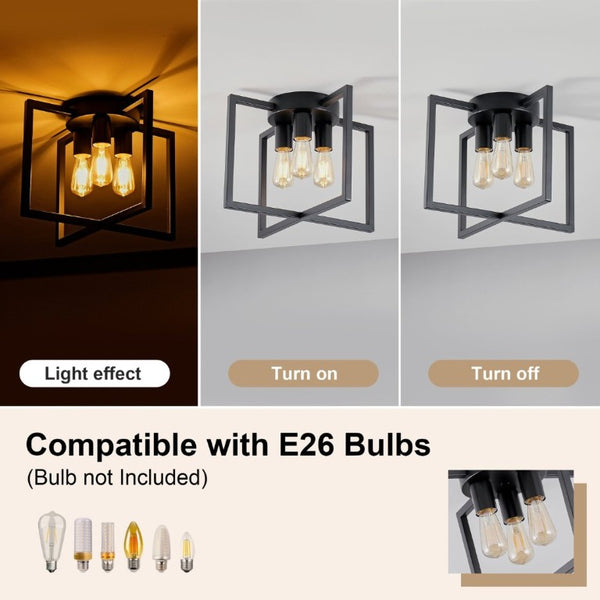 English Elm 3-Light Semi-Flush Chandelier Geometric Cage Shades Industrial Farmhouse Kitchen Foyer Black W2312P545461