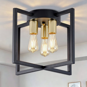 English Elm 3-Light Semi-Flush Chandelier Geometric Cage Shades Industrial Farmhouse Kitchen Foyer Black and Gold W2312P545462