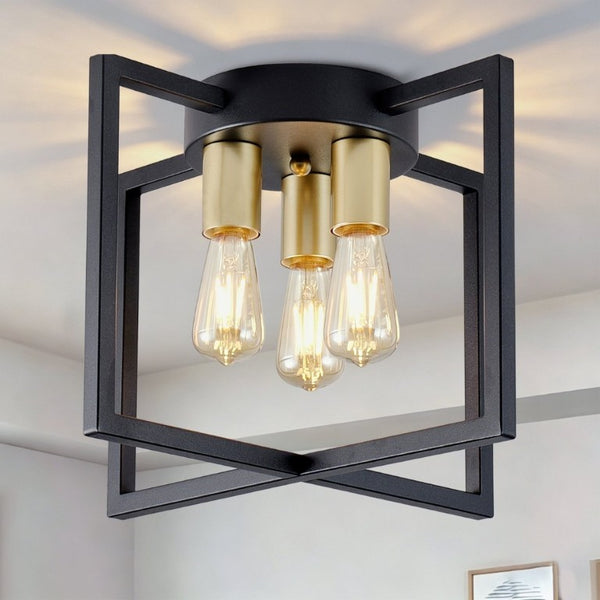 English Elm 3-Light Semi-Flush Chandelier Geometric Cage Shades Industrial Farmhouse Kitchen Foyer Black and Gold W2312P545462
