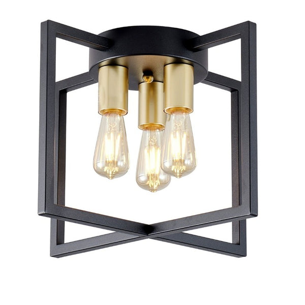 English Elm 3-Light Semi-Flush Chandelier Geometric Cage Shades Industrial Farmhouse Kitchen Foyer Black and Gold W2312P545462