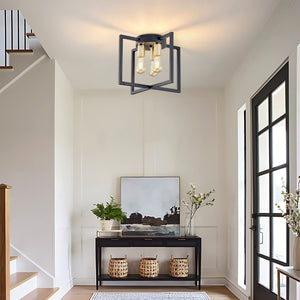 English Elm 3-Light Semi-Flush Chandelier Geometric Cage Shades Industrial Farmhouse Kitchen Foyer Black and Gold W2312P545462