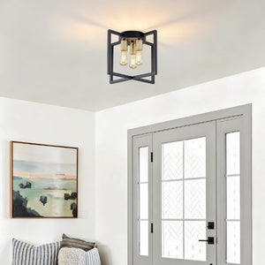 English Elm 3-Light Semi-Flush Chandelier Geometric Cage Shades Industrial Farmhouse Kitchen Foyer Black and Gold W2312P545462