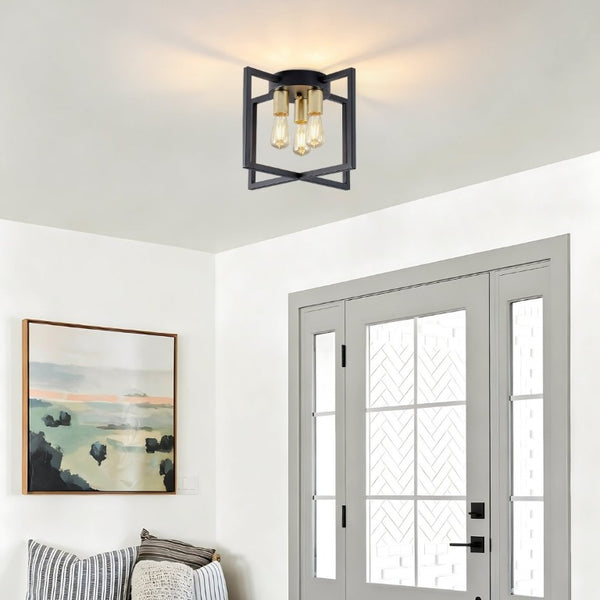 English Elm 3-Light Semi-Flush Chandelier Geometric Cage Shades Industrial Farmhouse Kitchen Foyer Black and Gold W2312P545462