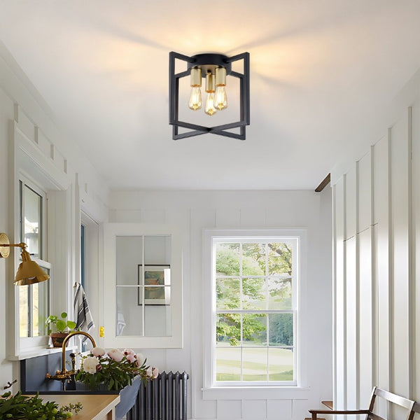 English Elm 3-Light Semi-Flush Chandelier Geometric Cage Shades Industrial Farmhouse Kitchen Foyer Black and Gold W2312P545462