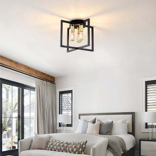 English Elm 3-Light Semi-Flush Chandelier Geometric Cage Shades Industrial Farmhouse Kitchen Foyer Black and Gold W2312P545462