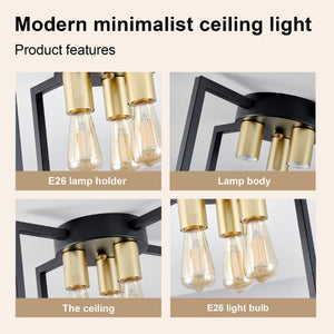 English Elm 3-Light Semi-Flush Chandelier Geometric Cage Shades Industrial Farmhouse Kitchen Foyer Black and Gold W2312P545462
