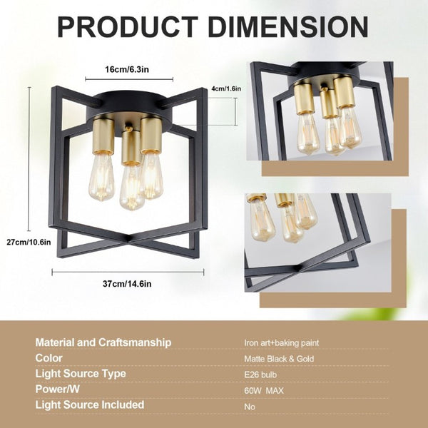 English Elm 3-Light Semi-Flush Chandelier Geometric Cage Shades Industrial Farmhouse Kitchen Foyer Black and Gold W2312P545462