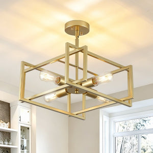English Elm 4-Lights Gold Cage Semi Flush Mount Fixture Industrial Farmhouse Ambient Ceiling Lamp W2312P545464