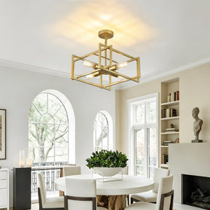 English Elm 4-Lights Gold Cage Semi Flush Mount Fixture Industrial Farmhouse Ambient Ceiling Lamp W2312P545464
