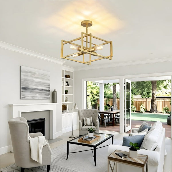 English Elm 4-Lights Gold Cage Semi Flush Mount Fixture Industrial Farmhouse Ambient Ceiling Lamp W2312P545464