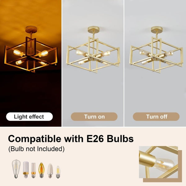 English Elm 4-Lights Gold Cage Semi Flush Mount Fixture Industrial Farmhouse Ambient Ceiling Lamp W2312P545464