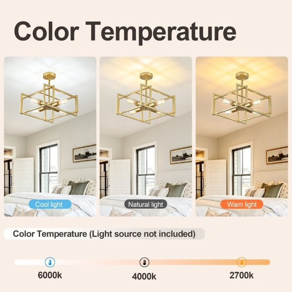 English Elm 4-Lights Gold Cage Semi Flush Mount Fixture Industrial Farmhouse Ambient Ceiling Lamp W2312P545464