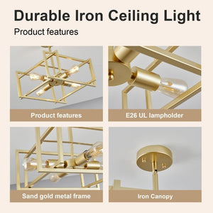 English Elm 4-Lights Gold Cage Semi Flush Mount Fixture Industrial Farmhouse Ambient Ceiling Lamp W2312P545464
