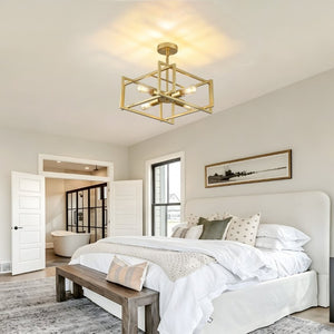 English Elm 4-Lights Gold Cage Semi Flush Mount Fixture Industrial Farmhouse Ambient Ceiling Lamp W2312P545464