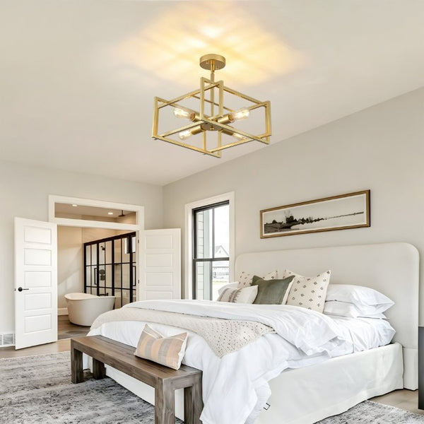 English Elm 4-Lights Gold Cage Semi Flush Mount Fixture Industrial Farmhouse Ambient Ceiling Lamp W2312P545464