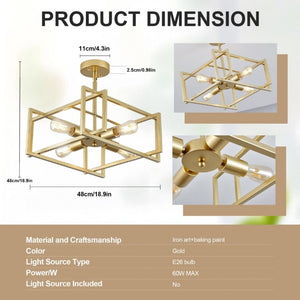 English Elm 4-Lights Gold Cage Semi Flush Mount Fixture Industrial Farmhouse Ambient Ceiling Lamp W2312P545464