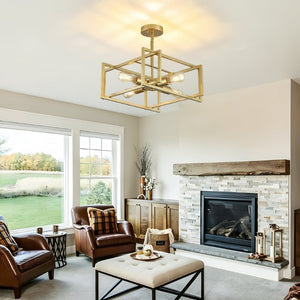 English Elm 4-Lights Gold Cage Semi Flush Mount Fixture Industrial Farmhouse Ambient Ceiling Lamp W2312P545464