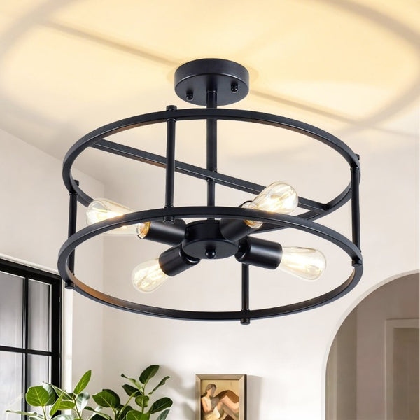 English Elm Industrial Matte Black Four Light Semi Flush Cage Fixture for Kitchen or Dining W2312P545465