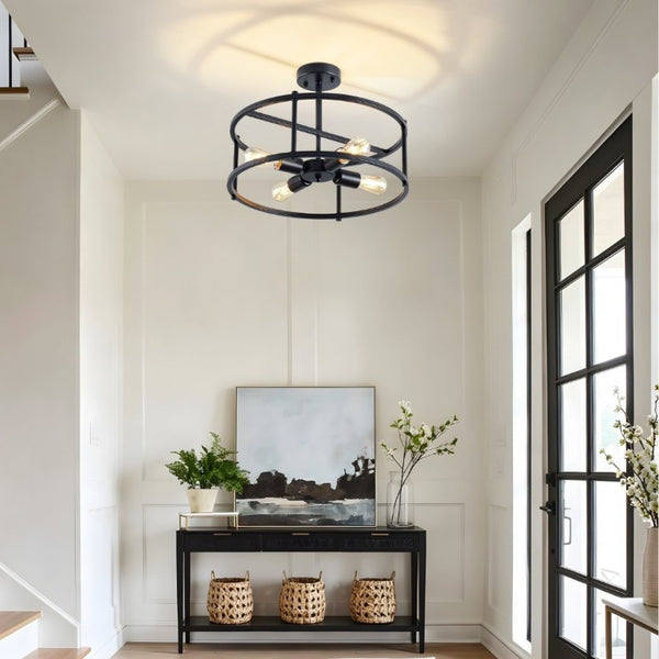 English Elm Industrial Matte Black Four Light Semi Flush Cage Fixture for Kitchen or Dining W2312P545465