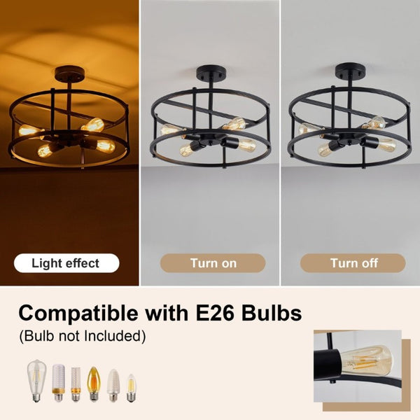 English Elm Industrial Matte Black Four Light Semi Flush Cage Fixture for Kitchen or Dining W2312P545465