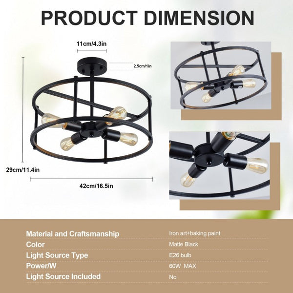 English Elm Industrial Matte Black Four Light Semi Flush Cage Fixture for Kitchen or Dining W2312P545465