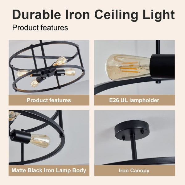 English Elm Industrial Matte Black Four Light Semi Flush Cage Fixture for Kitchen or Dining W2312P545465
