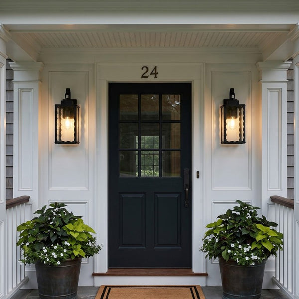 English Elm Large Matte Black Outdoor Wall Sconce with Clear Glass Waterproof Porch Lantern Wavy W2312P545476