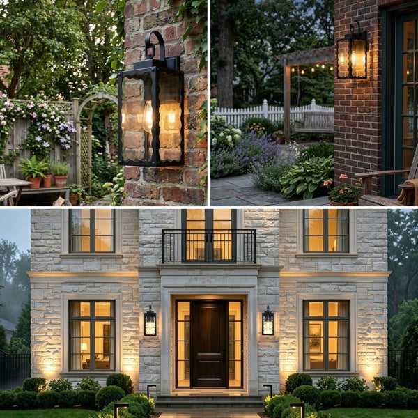 English Elm Large Matte Black Outdoor Wall Sconce with Clear Glass Waterproof Porch Lantern Wavy W2312P545476