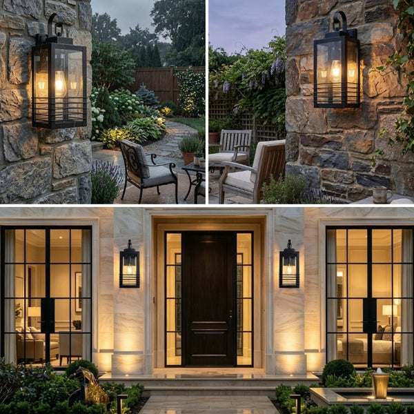 English Elm 18 Inch Matte Black Outdoor Lantern Sconce Waterproof Tempered Glass Porch Wall Light W2312P545478