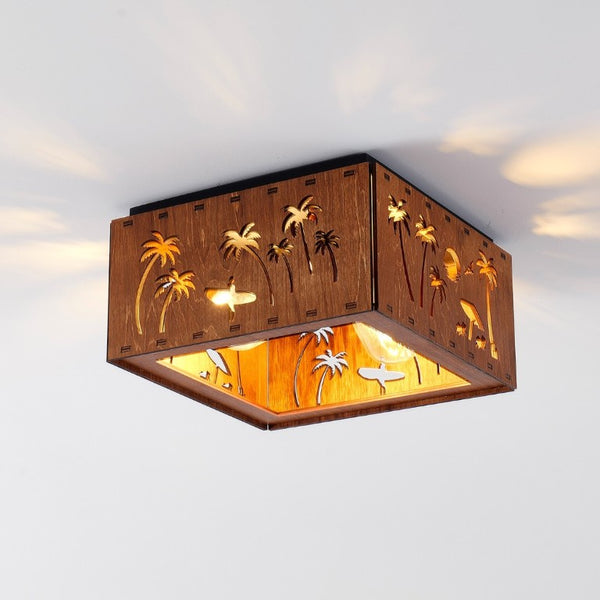 English Elm 2-Light Rustic Square Flush Mount Wood Iron Bear Motif Ceiling Fixture for Hallways Bulbs Included W2312P545479