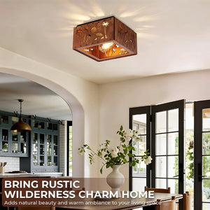 English Elm 2-Light Rustic Square Flush Mount Wood Iron Bear Motif Ceiling Fixture for Hallways Bulbs Included W2312P545479