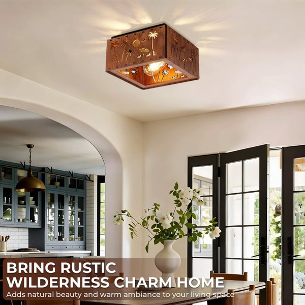 English Elm 2-Light Rustic Square Flush Mount Wood Iron Bear Motif Ceiling Fixture for Hallways Bulbs Included W2312P545479
