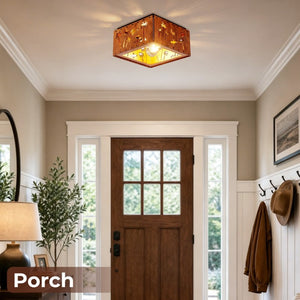 English Elm 2-Light Rustic Square Flush Mount Wood Iron Bear Motif Ceiling Fixture for Hallways Bulbs Included W2312P545479