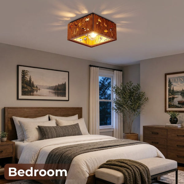 English Elm 2-Light Rustic Square Flush Mount Wood Iron Bear Motif Ceiling Fixture for Hallways Bulbs Included W2312P545479