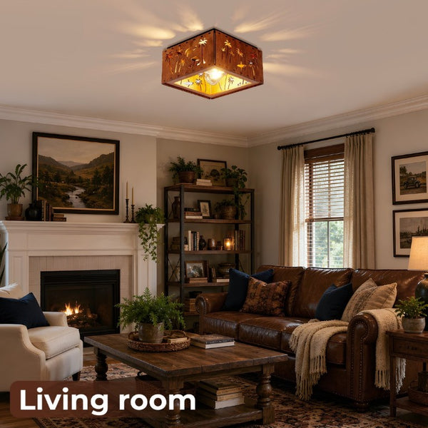 English Elm 2-Light Rustic Square Flush Mount Wood Iron Bear Motif Ceiling Fixture for Hallways Bulbs Included W2312P545479