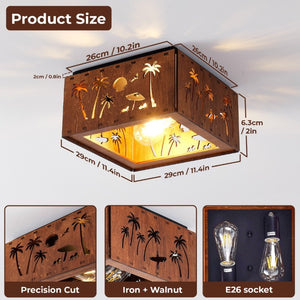 English Elm 2-Light Rustic Square Flush Mount Wood Iron Bear Motif Ceiling Fixture for Hallways Bulbs Included W2312P545479