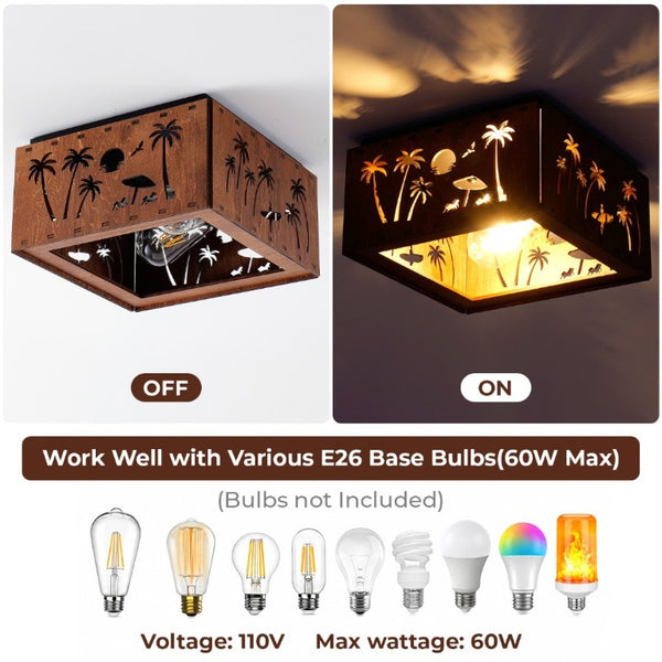 English Elm 2-Light Rustic Square Flush Mount Wood Iron Bear Motif Ceiling Fixture for Hallways Bulbs Included W2312P545479
