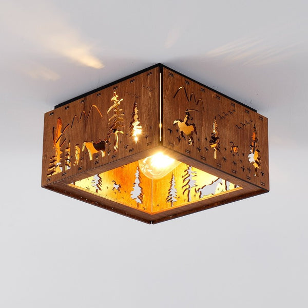 English Elm 2-Light Rustic Square Flush Mount Wood Iron Bear Motif Ceiling Fixture for Hallways Bulbs Not Included W2312P545480